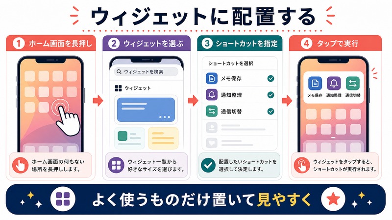 ホーム画面を長押しし、ウィジェットを選び、ショートカットを指定してタップで実行する日本語図解