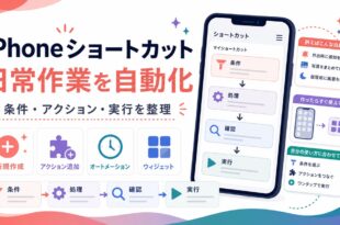 iPhoneショートカットで新規作成、アクション追加、オートメーション、ウィジェットを整理する日本語アイキャッチ画像