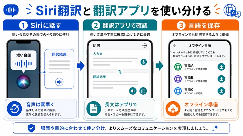 iPhoneでSiri翻訳と翻訳アプリを使い分け音声翻訳や長文確認やオフライン言語保存を行う流れをまとめた日本語画像