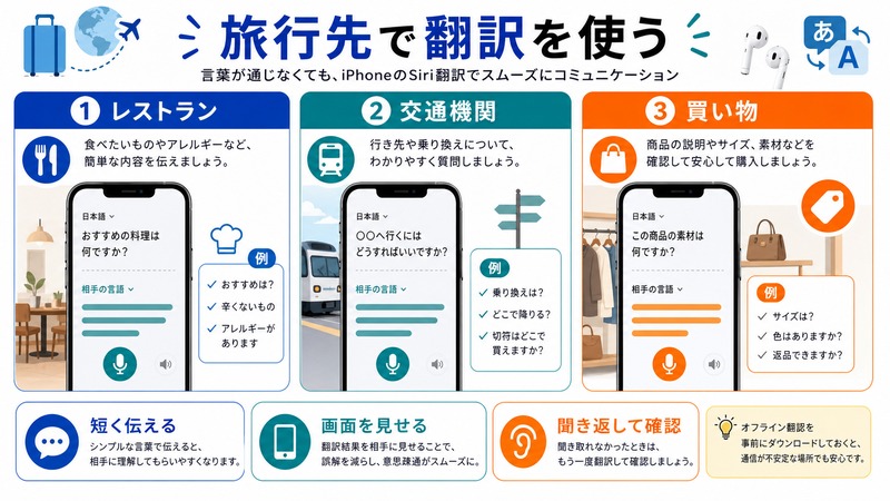 iPhoneのSiri翻訳をレストランや交通機関や買い物で使い短く伝えて画面を見せ聞き返す流れをまとめた日本語画像