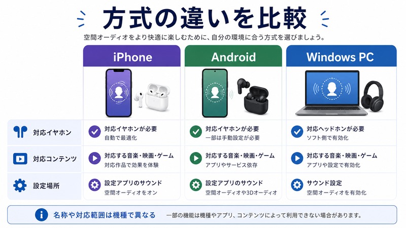 iPhoneとAndroidとWindows PCの空間オーディオ系機能で対応イヤホンと対応コンテンツと設定場所を比較する日本語画像