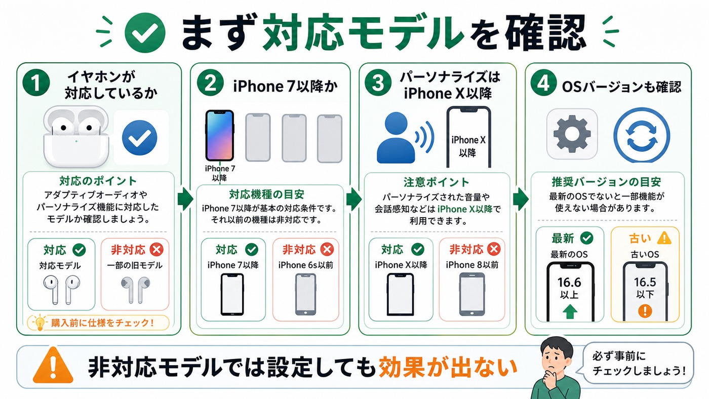 空間オーディオの対応モデル確認ポイントをまとめた図解
