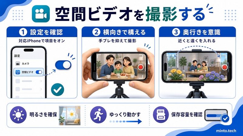 iPhoneで空間ビデオの設定を確認し横向きで構えて奥行きを意識して撮影する流れをまとめた日本語画像
