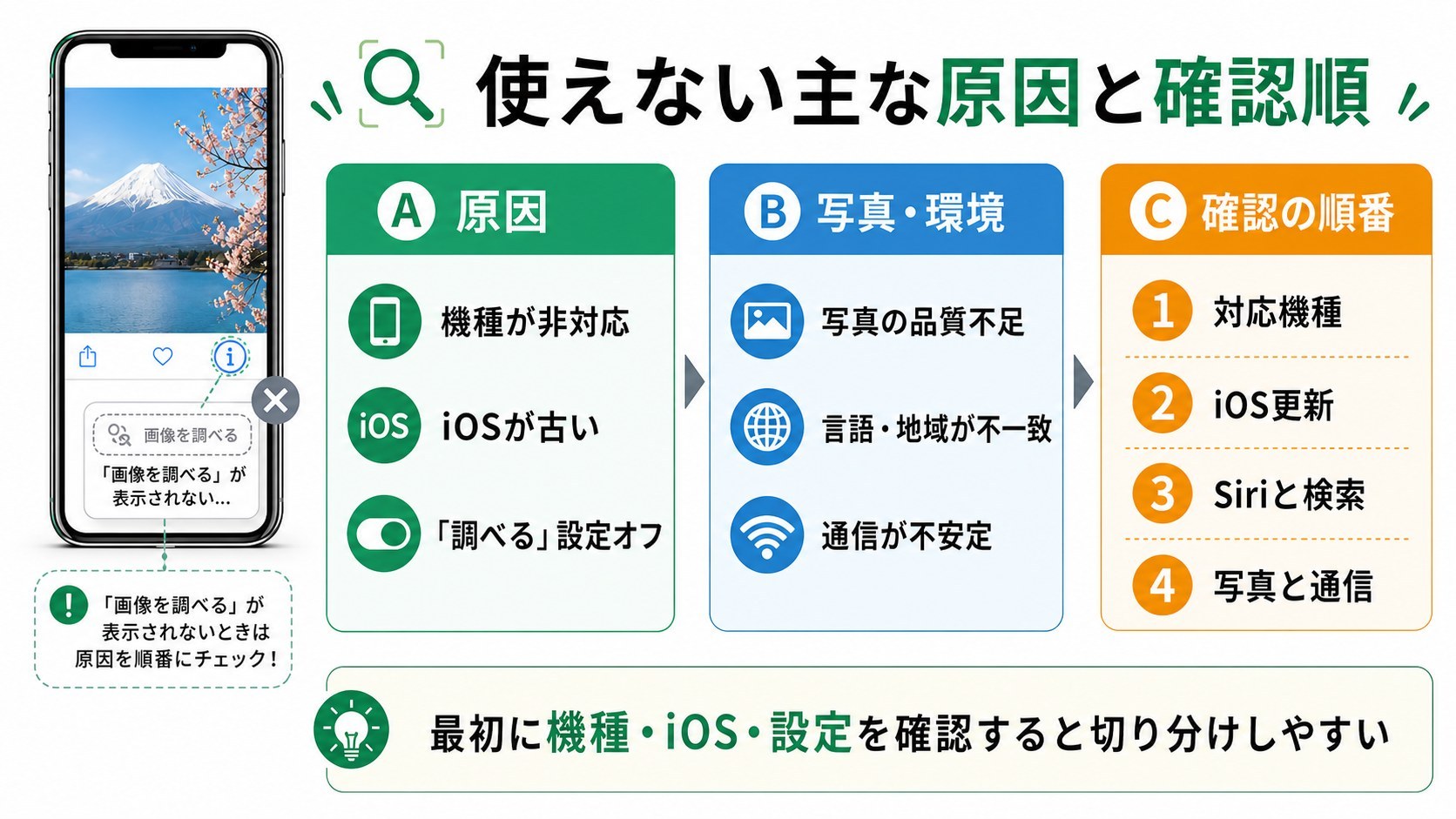 Visual Look Upが使えない主な原因と確認順をまとめた画像
