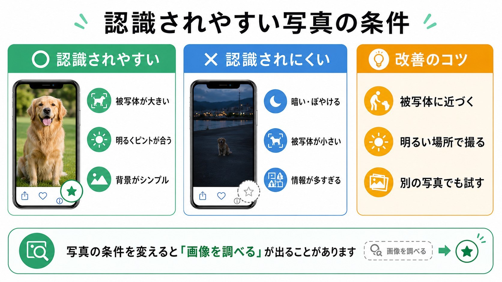認識されやすい写真の条件を比較した画像