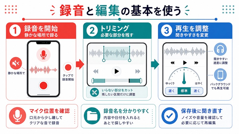 iPhoneのボイスメモで録音を開始しトリミングや再生調整を行う流れをまとめた日本語画像