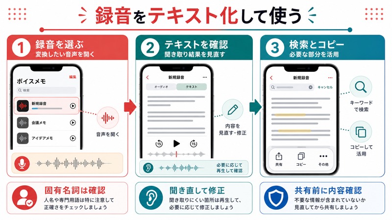 iPhoneのボイスメモで録音を選びテキスト化を確認して検索やコピーに活用する流れをまとめた日本語画像