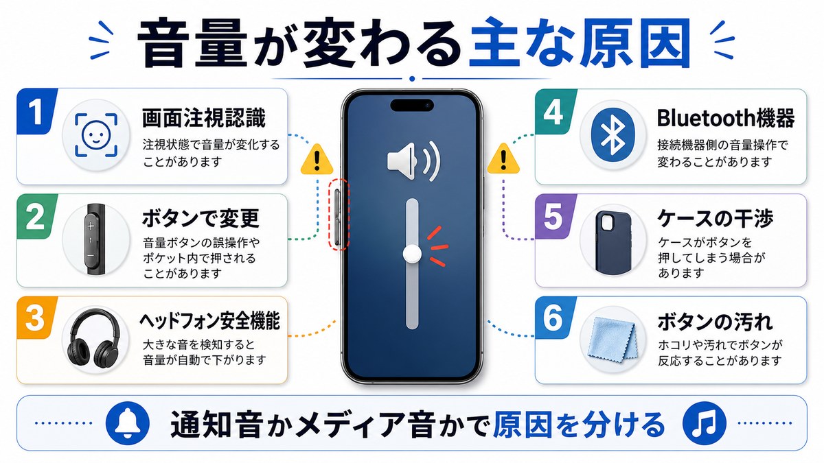 iPhoneの音量が勝手に変わる主な原因を示す図解