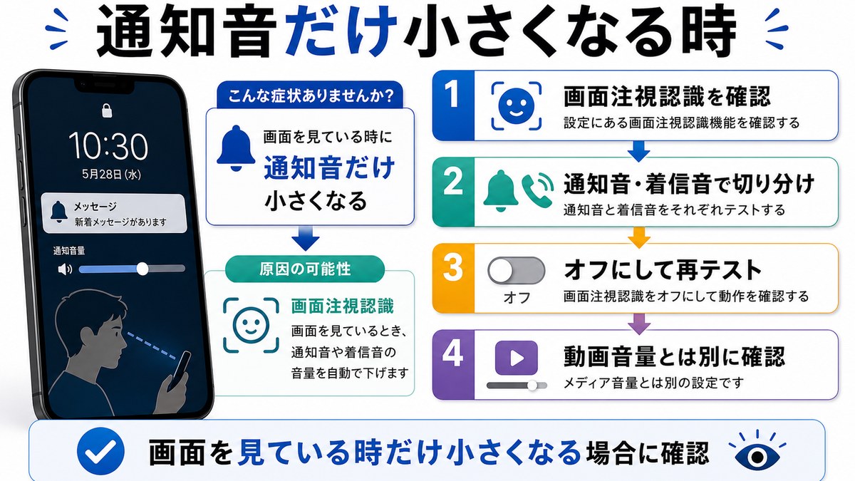 画面注視認識で通知音や着信音が小さくなる時の確認手順の図解