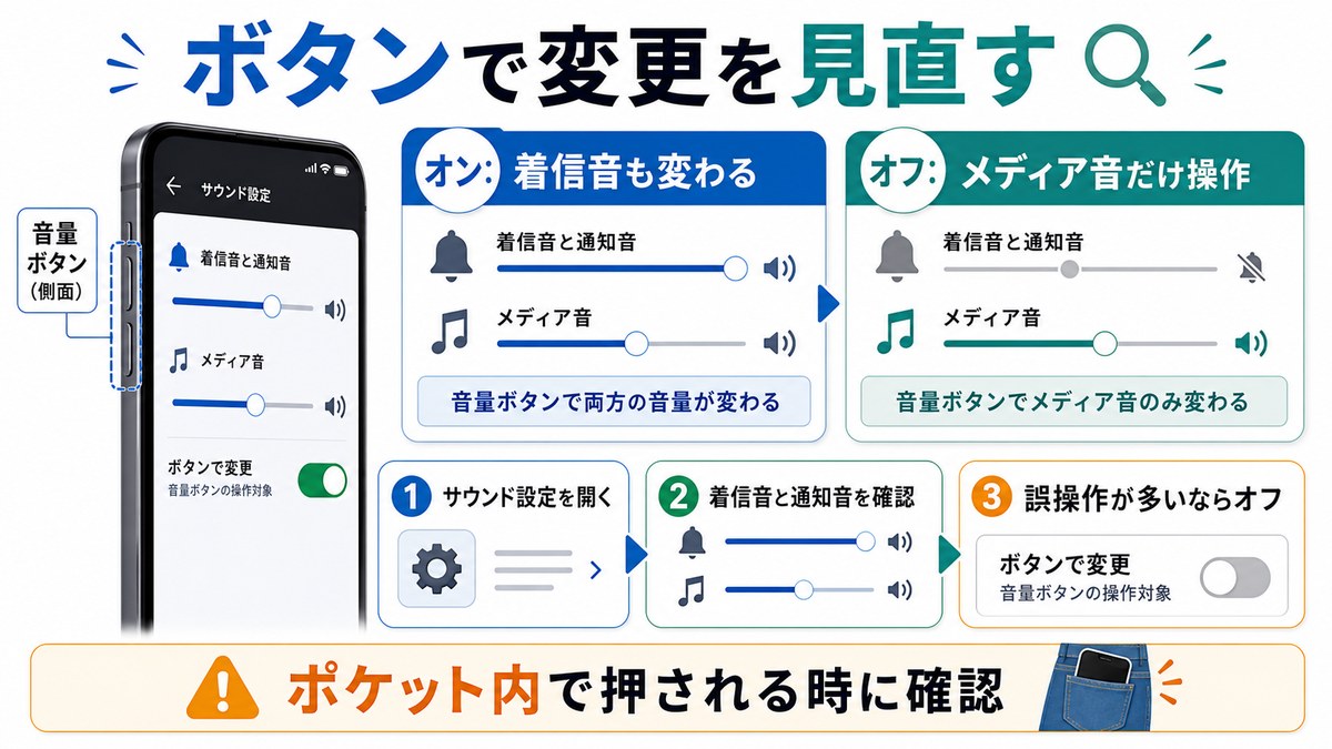 着信音のボタンで変更設定をオンとオフで比較する図解