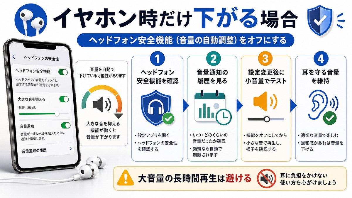 ヘッドフォン安全機能でイヤホン使用時だけ音量が下がる場合の図解