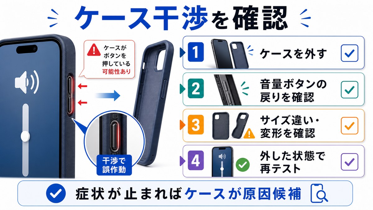 スマホケースが音量ボタンを押していないか確認する図解
