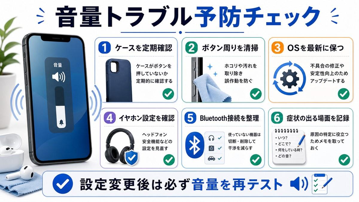 iPhoneの音量トラブルを予防するためのチェック項目の図解