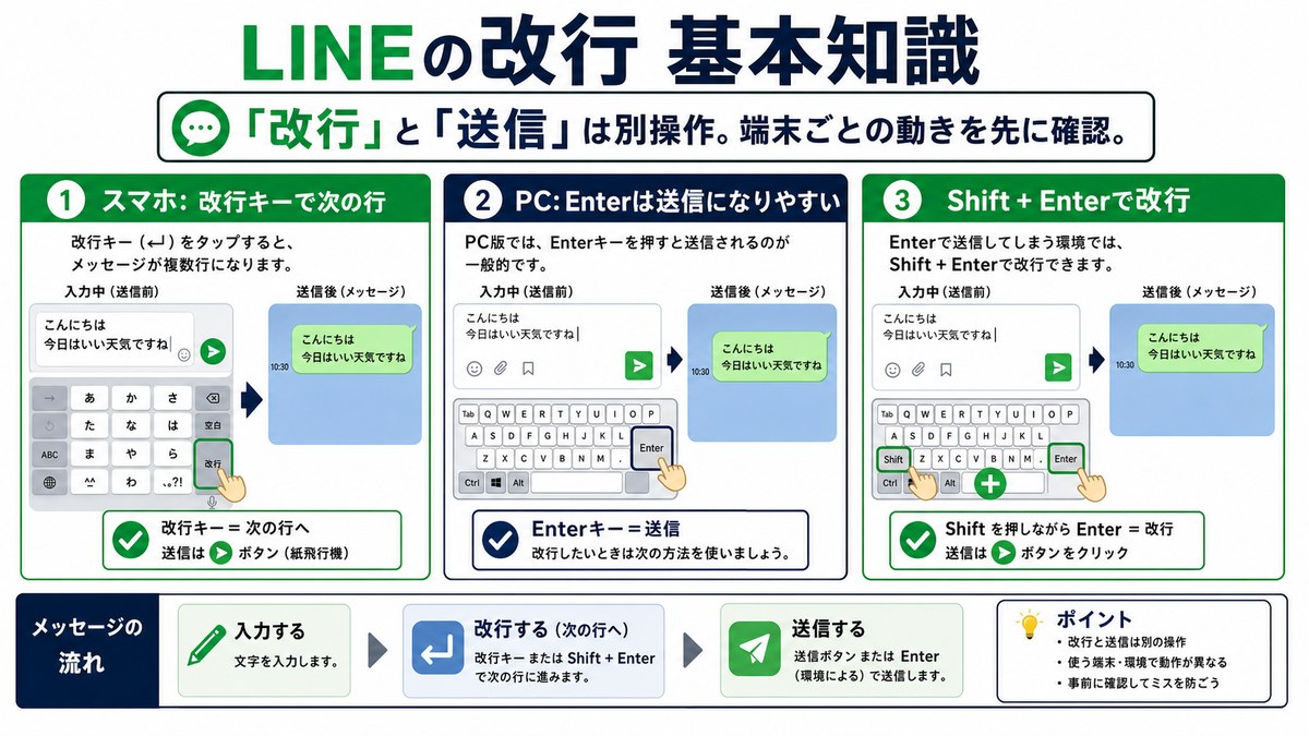 LINEの改行と送信の違いを端末別に整理した図解