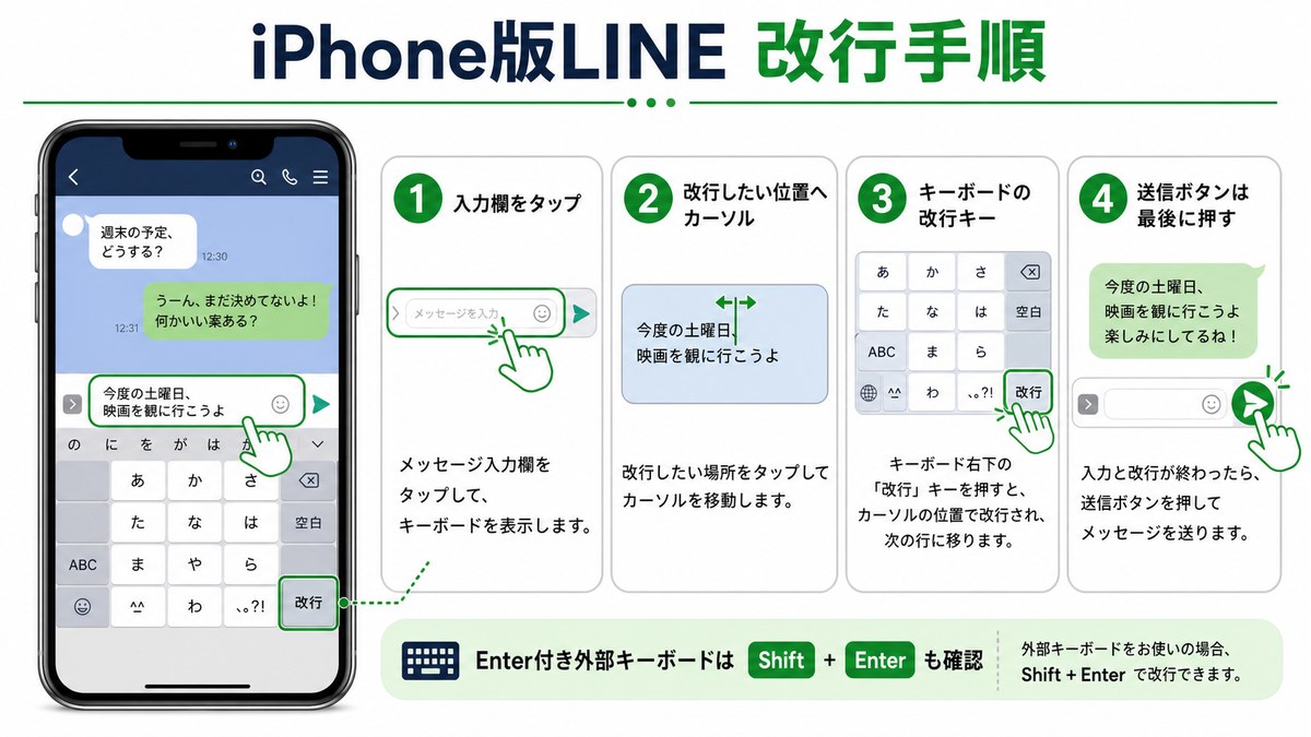 iPhone版LINEで送信せずに改行する手順を示した図解