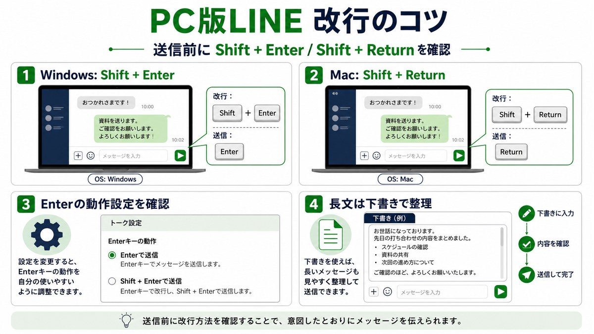 PC版LINEでShiftキーを使って改行する方法を整理した図解