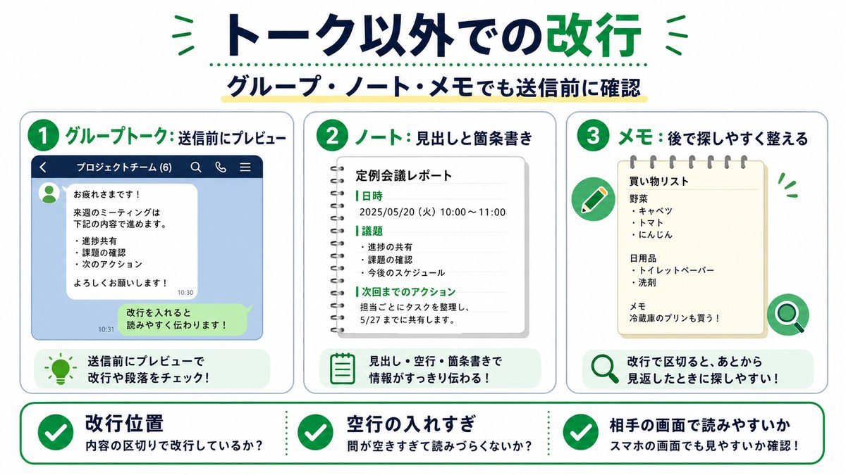 グループトークやノート、メモで改行を使うポイントを整理した図解
