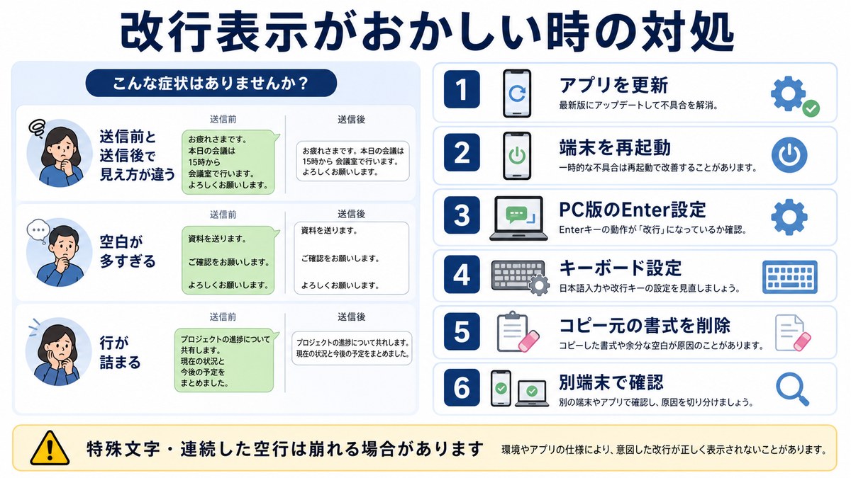 LINEの改行表示が崩れる時の確認項目をまとめた図解