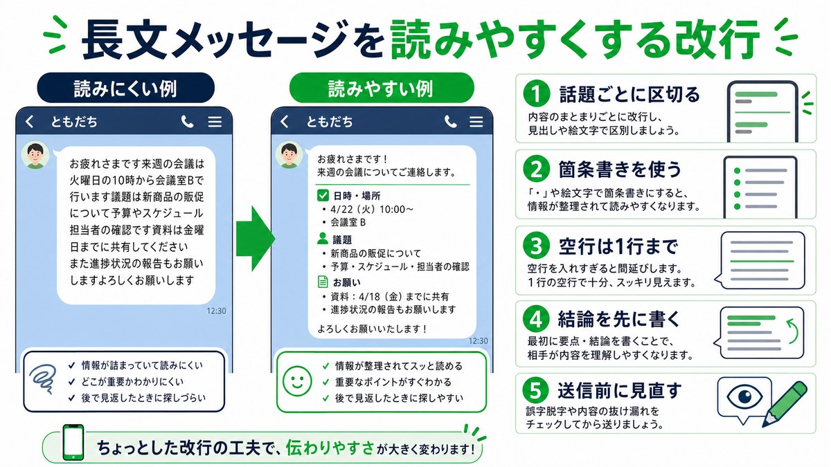 LINEの長文メッセージを改行で読みやすく整えるコツを示した図解