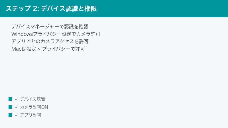 ステップ 2: デバイス認識と権限 — デバイスマネージャーで認識を確認・Windowsプライバシー設定でカメラ許可・アプリごとのカメラアクセスを許可