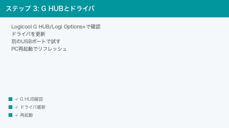 ステップ 3: G HUBとドライバ — Logicool G HUB/Logi Options+で確認・ドライバを更新・別のUSBポートで試す