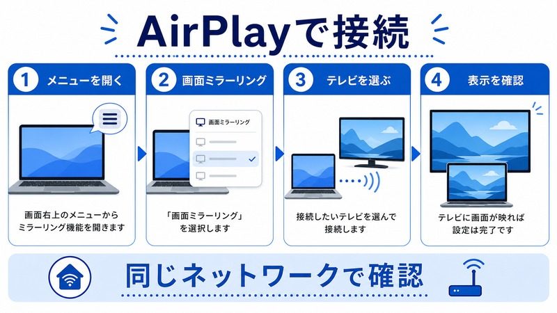 MacからAirPlayで接続するために、メニューを開き、画面ミラーリング、テレビ選択、表示確認、同じネットワーク確認を行う日本語図解