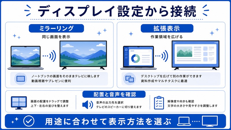MacのAirPlayでディスプレイ設定から接続し、ミラーリング、拡張表示、配置と音声を確認する日本語図解