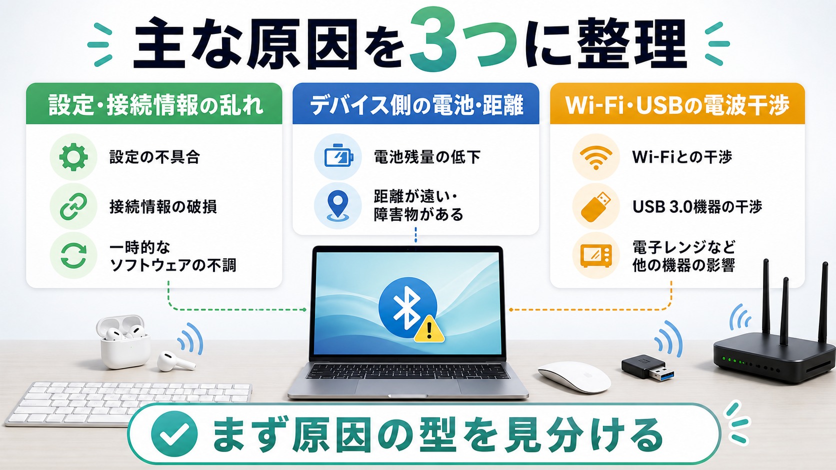 MacのBluetoothが頻繁に切れる原因を設定の乱れとデバイス側と電波干渉に分けて整理した図解
