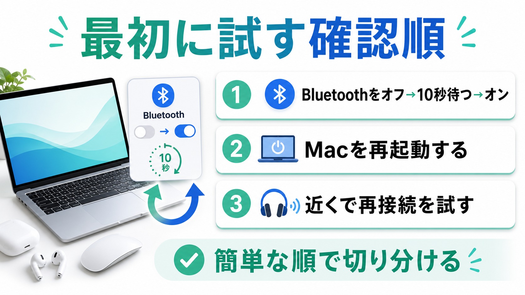 MacのBluetoothが切れる時にBluetoothのオンオフと再起動と近距離再接続を試す順序の図解