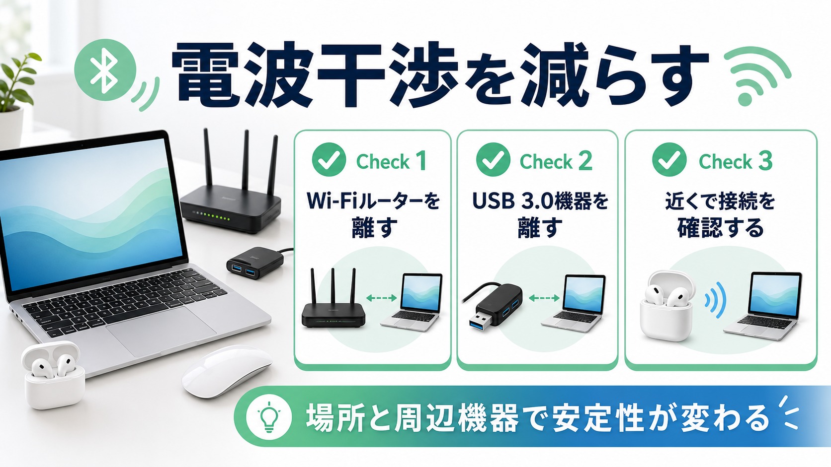MacのBluetoothが切れる時にWi-FiルーターやUSB機器との距離を見直す図解