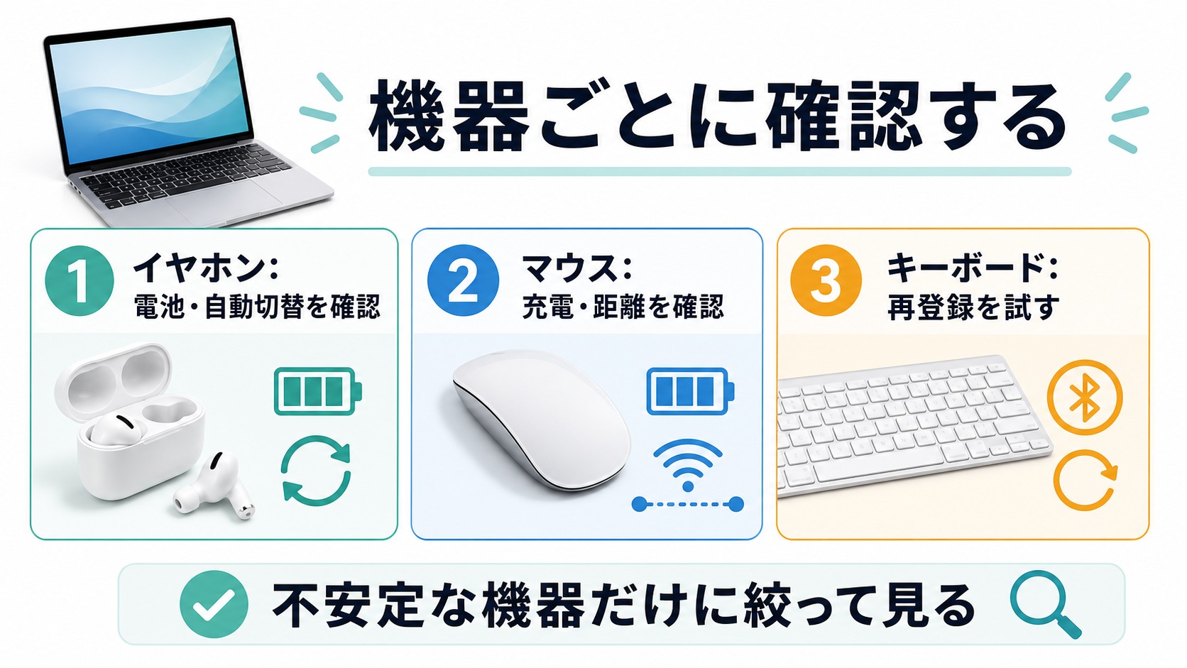 イヤホンとマウスとキーボードで確認するポイントを分けたMac Bluetooth図解
