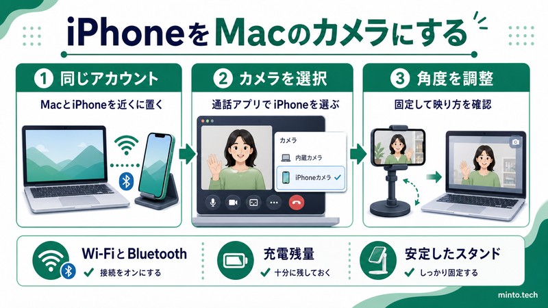 MacとiPhoneを近くに置き通話アプリでiPhoneカメラを選んで角度を調整する流れをまとめた日本語画像