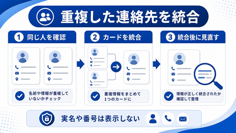 Mac連絡先アプリで同じ人を確認し重複したカードを統合して統合後に見直す流れを示した日本語図解
