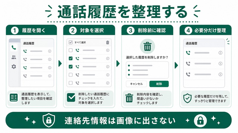 FaceTimeの通話履歴を開き、対象を選択し、削除前確認をして必要分だけ整理する日本語図解