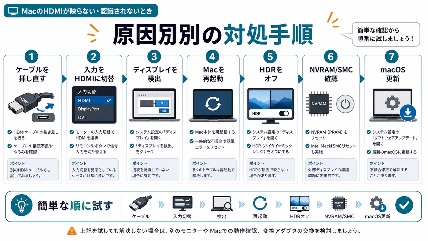 MacでHDMIが映らない時に試す原因別の対処手順を簡単な順に並べた図解