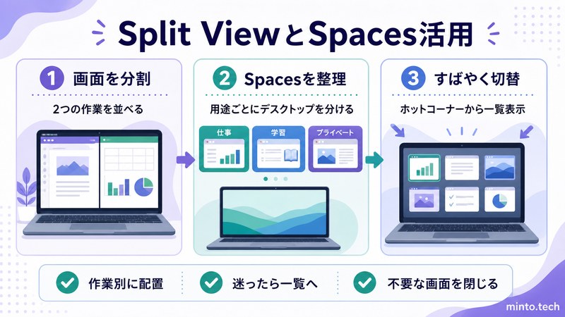 MacのSplit ViewとSpacesをホットコーナーから切り替えて作業画面を整理する流れをまとめた日本語画像