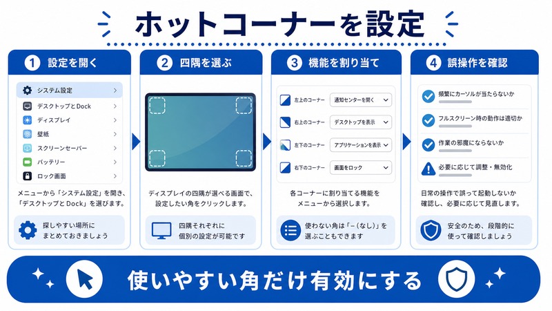 Macホットコーナーで設定を開き、四隅を選び、機能を割り当て、誤操作を確認する日本語図解