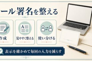 Macのメールアプリで署名を作成し、書式と使い分けを整える方法を示した情報画像