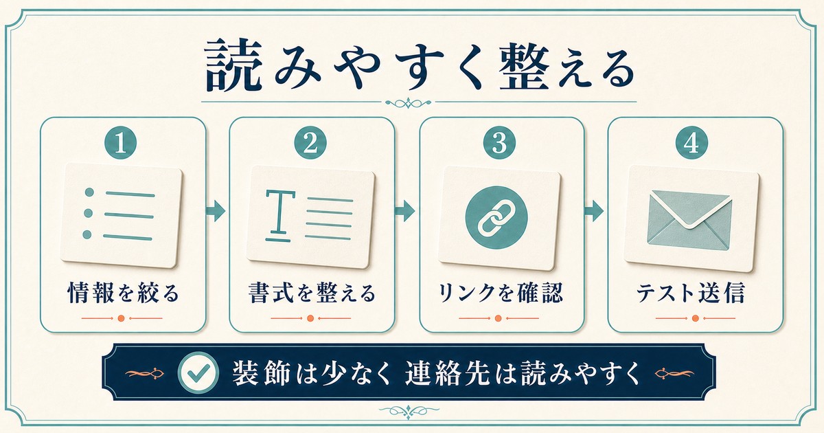 メール署名の情報と書式を読みやすく整えてテスト送信する流れを示した情報画像