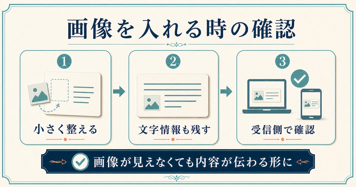 画像入りメール署名を小さく整え、文字情報を残して受信側で確認する流れを示した情報画像