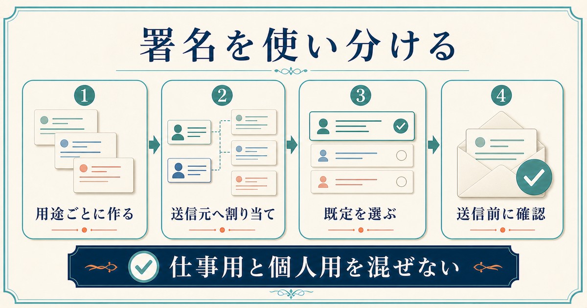 複数のメール署名を用途別に作り、送信元へ割り当てて使い分ける流れを示した情報画像