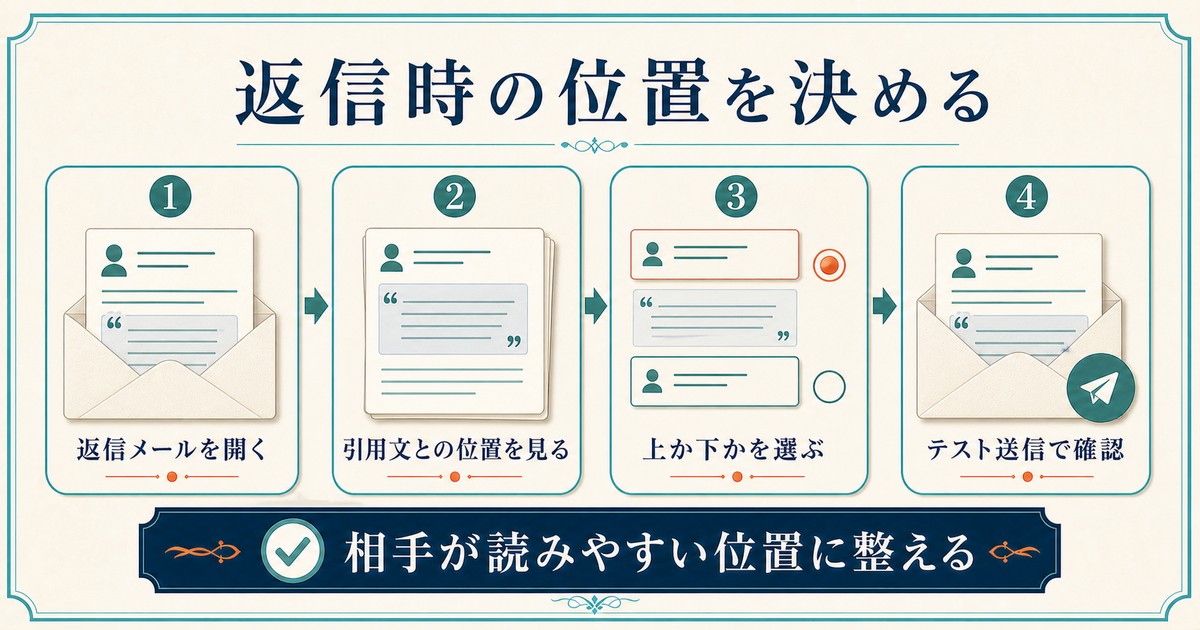 返信メールで署名と引用文の位置を確認し、読みやすく整える流れを示した情報画像