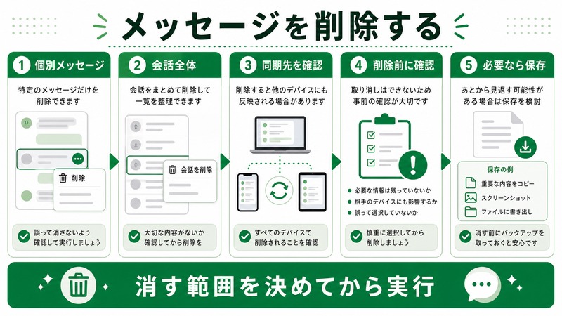 Macメッセージアプリで個別メッセージ、会話全体、同期先、削除前確認、必要な保存を確認する日本語図解
