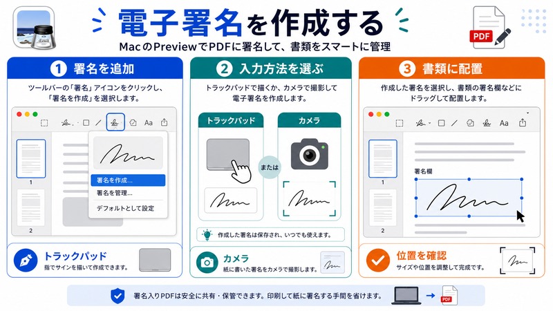 Macのプレビューでトラックパッドやカメラから電子署名を作成しPDF書類に配置する流れをまとめた日本語画像