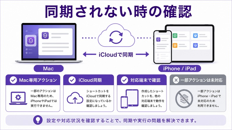 Macのショートカットが同期されない時にMac専用アクションとiCloud同期と対応端末を確認する流れをまとめた日本語画像