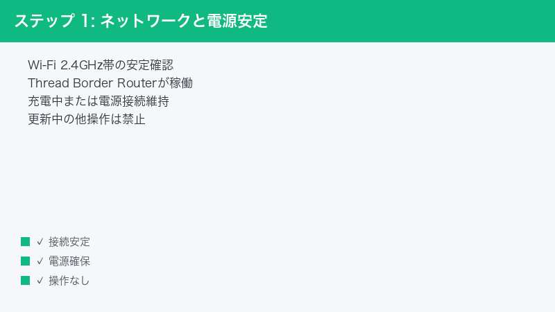 ステップ 1: ネットワークと電源安定 — Wi-Fi 2.4GHz帯の安定確認・Thread Border Routerが稼働・充電中または電源接続維持