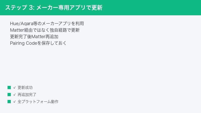 ステップ 3: メーカー専用アプリで更新 — Hue/Aqara等のメーカーアプリを利用・Matter経由ではなく独自経路で更新・更新完了後Matter再追加