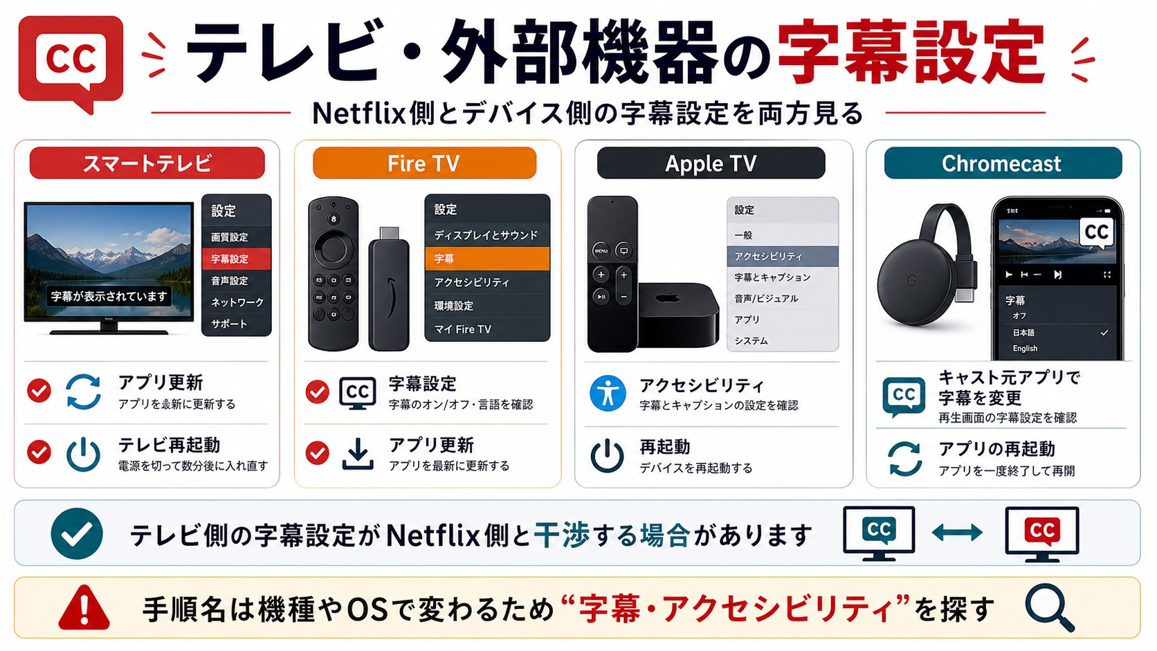 Netflixのテレビ・Fire TV・Apple TV・Chromecast字幕設定確認