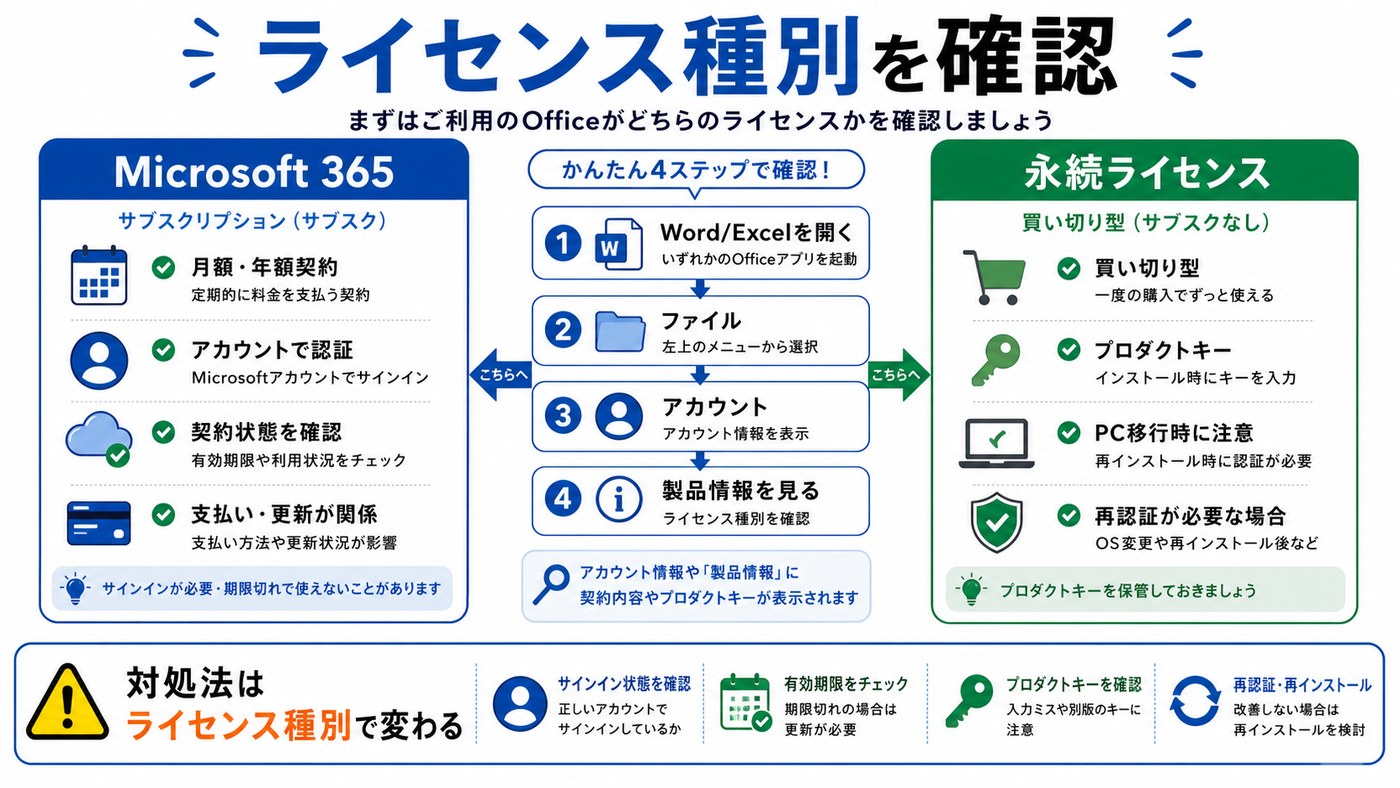 Microsoft 365と永続ライセンスの確認方法をまとめた図解