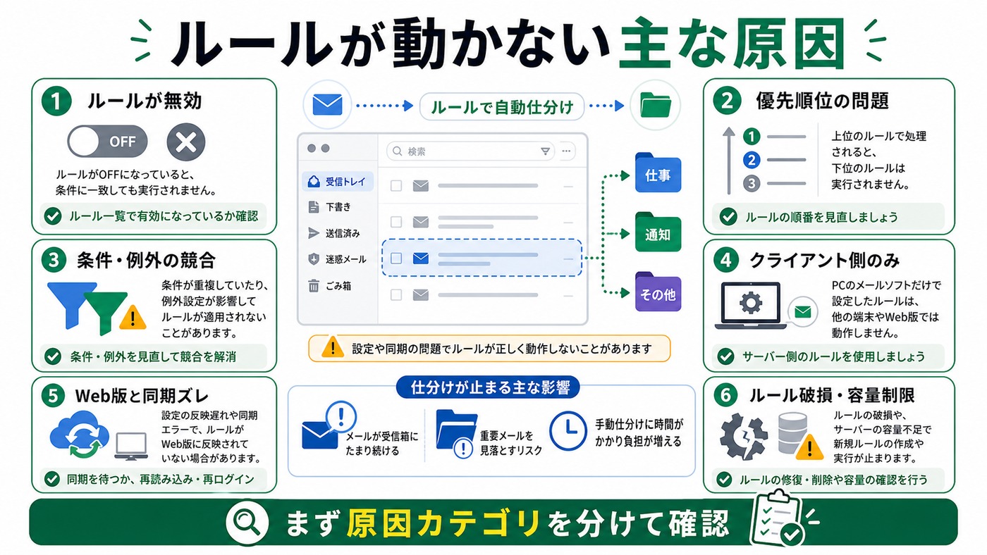 Outlookの仕分けルールが動かない主な原因を整理した図解